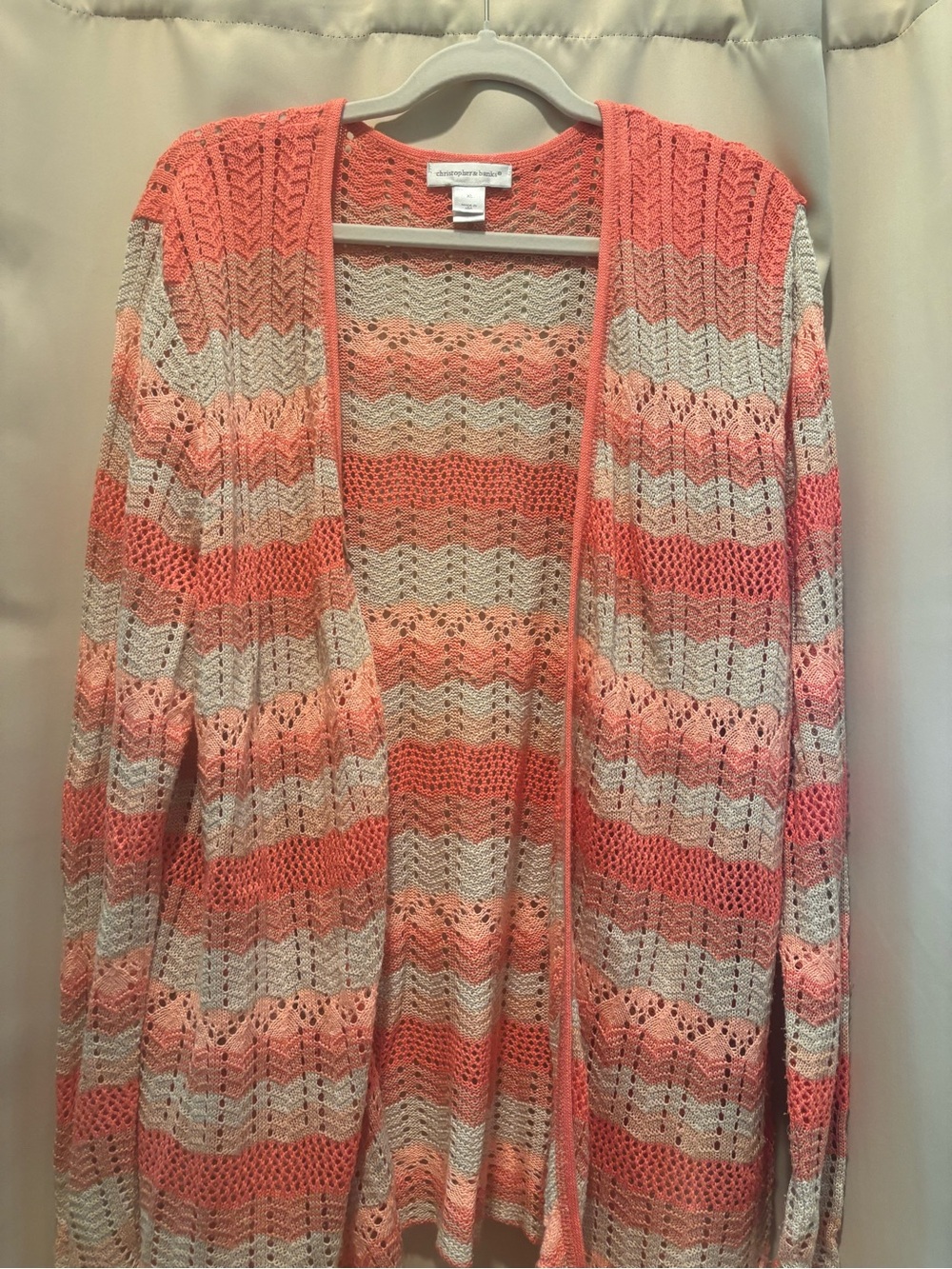 Christopher & Banks Coral and Cream Open-Front Knit Cardigan
